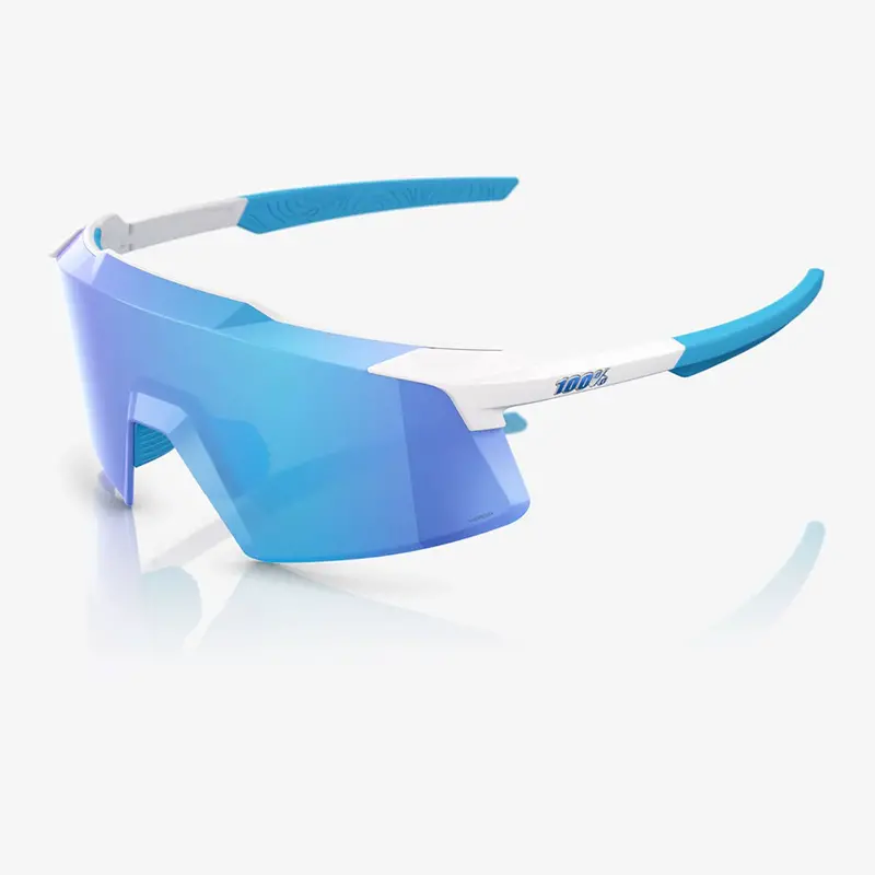 100% Aerocraft Unisex Cycling Sunglasses - Matte White - Hiper Blue Mirror Lens 1