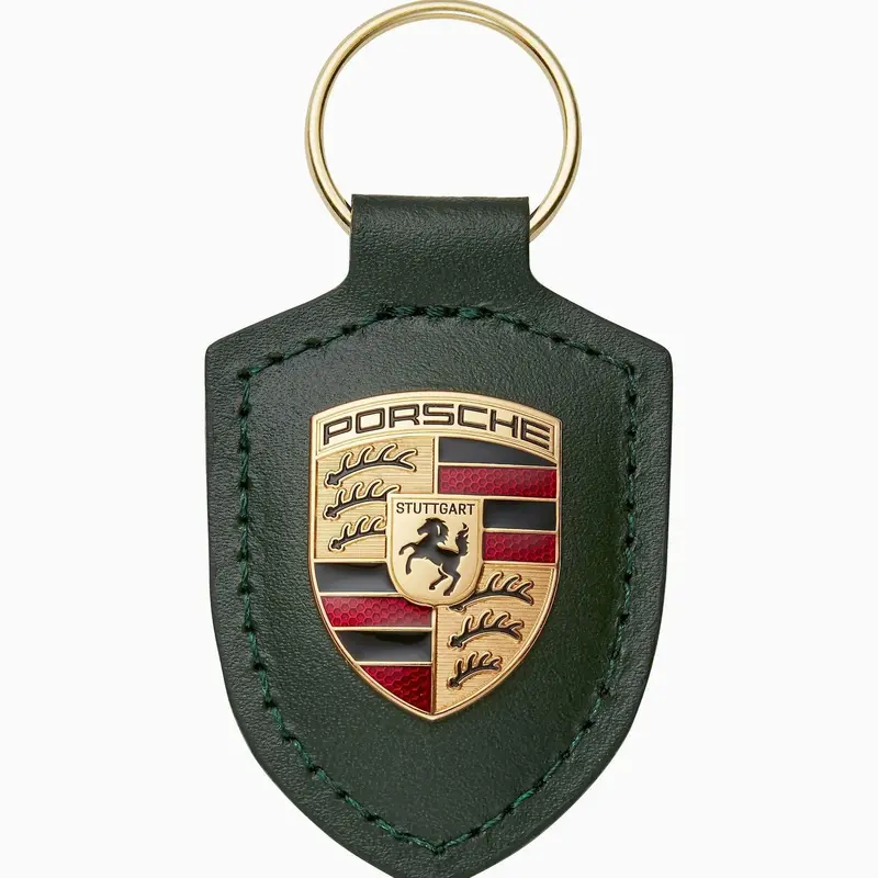 Porsche Crest Leather Keychain - Oak Green Metallic 1