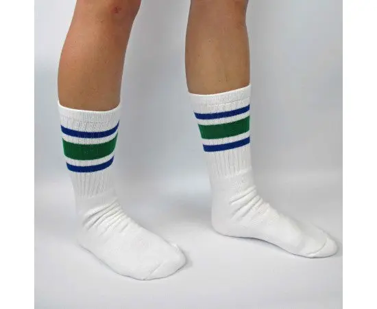 Skater Socks 19" Knee High White W/ Royal Blue & Green 1