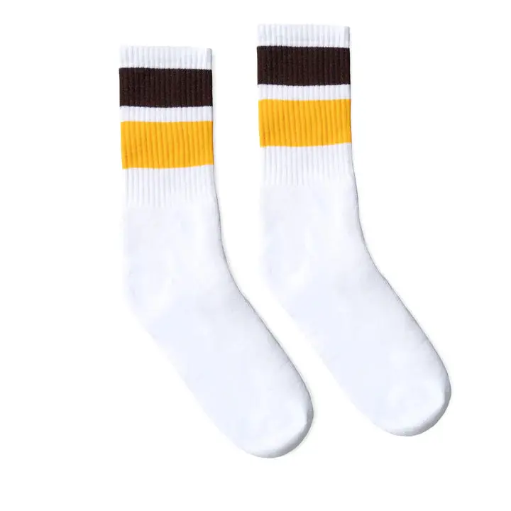 Socco Bold Two Stripe Brown & Gold | White Mid Socks 1