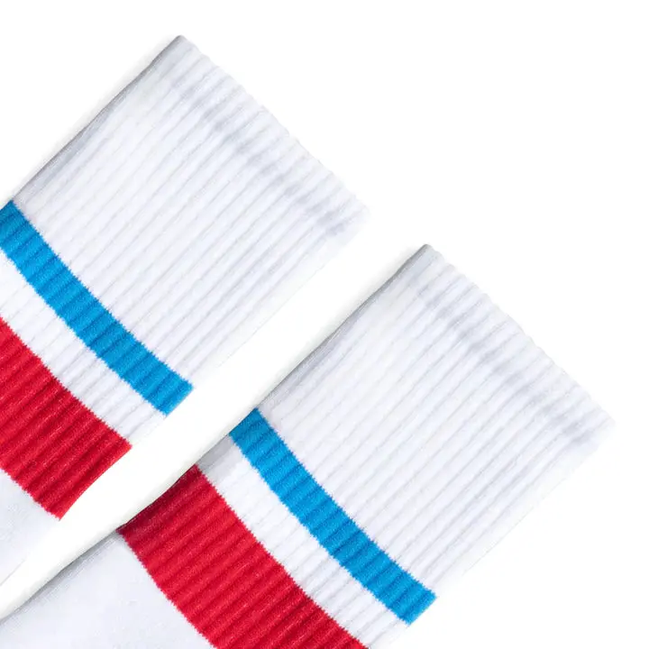 Socco Light Blue & Red 2-Striped | White Mid Socks 2