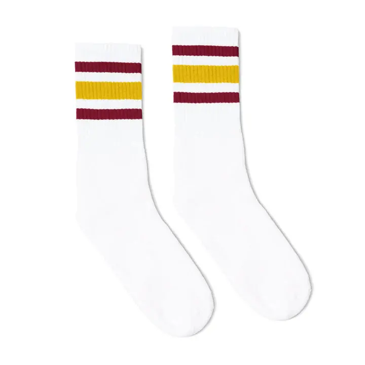 Socco Maroon And Vegas Gold Striped Socks | White Mid Socks 1
