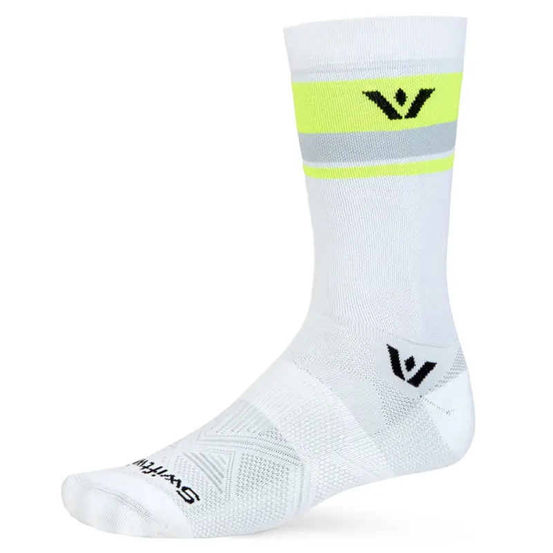 Swiftwick Aspire 7" Cycling Socks, White / Hiviz Stripe 1