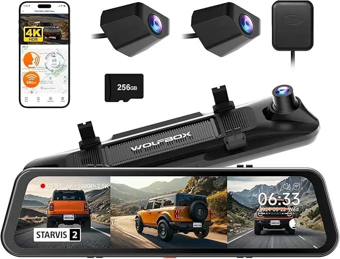 Wolfbox G900 Tripro Bumper Version 3 Channel 4K Mirror Dash Cam, Starvis 2 Imx678 Night Vision, 4K+2.5K+1080P Front And Rear Bumper Dash Cam, 5.8Ghz Wifi, Voice Control, Includes 256Gb Card & Gps 1