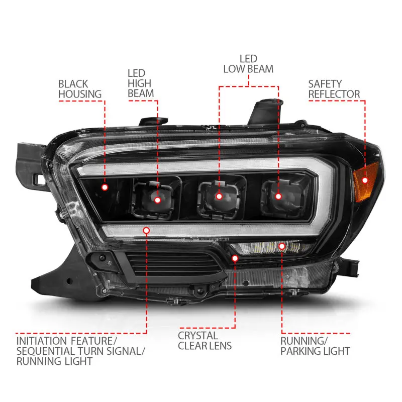 Anzo Full Led Projector Headlights With Sequential Light Bar For 2016–2022 Toyota Tacoma Sr/Sr5 – Black Housing With Activation Lighting 2