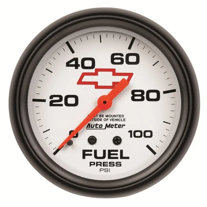 Autometer Mechanical Fuel Pressure Gauge – 2-5/8″, 0–100 Psi, Chevy Red Bowtie Dial With White Face 1