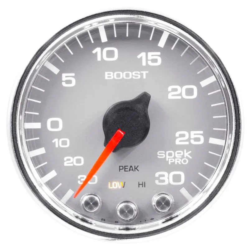 Autometer Spek-Pro Gauge Vac/Boost 2 1/16In 30Inhg-30Psi Stepper Motor W/Peak & Warnsilver/Chrome 1